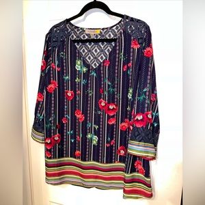 NWT Figuerca & flower 2X women’s top Navy  red Floral print peasant  sleeve